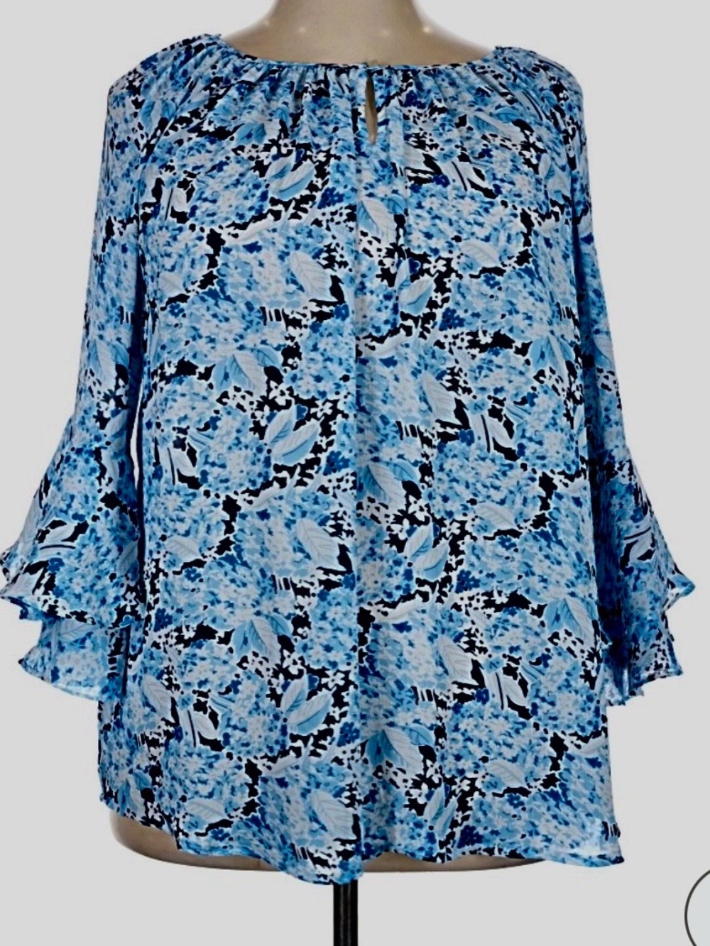 Chaps Light Blue, White and Black Floral Ruffle-Sleeve Tunic 2xl